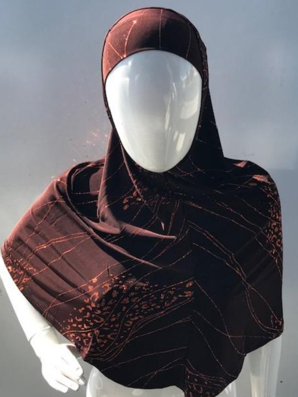 Amber Brown with Copper Deign 2 Piece Adult Long Instant Hijab